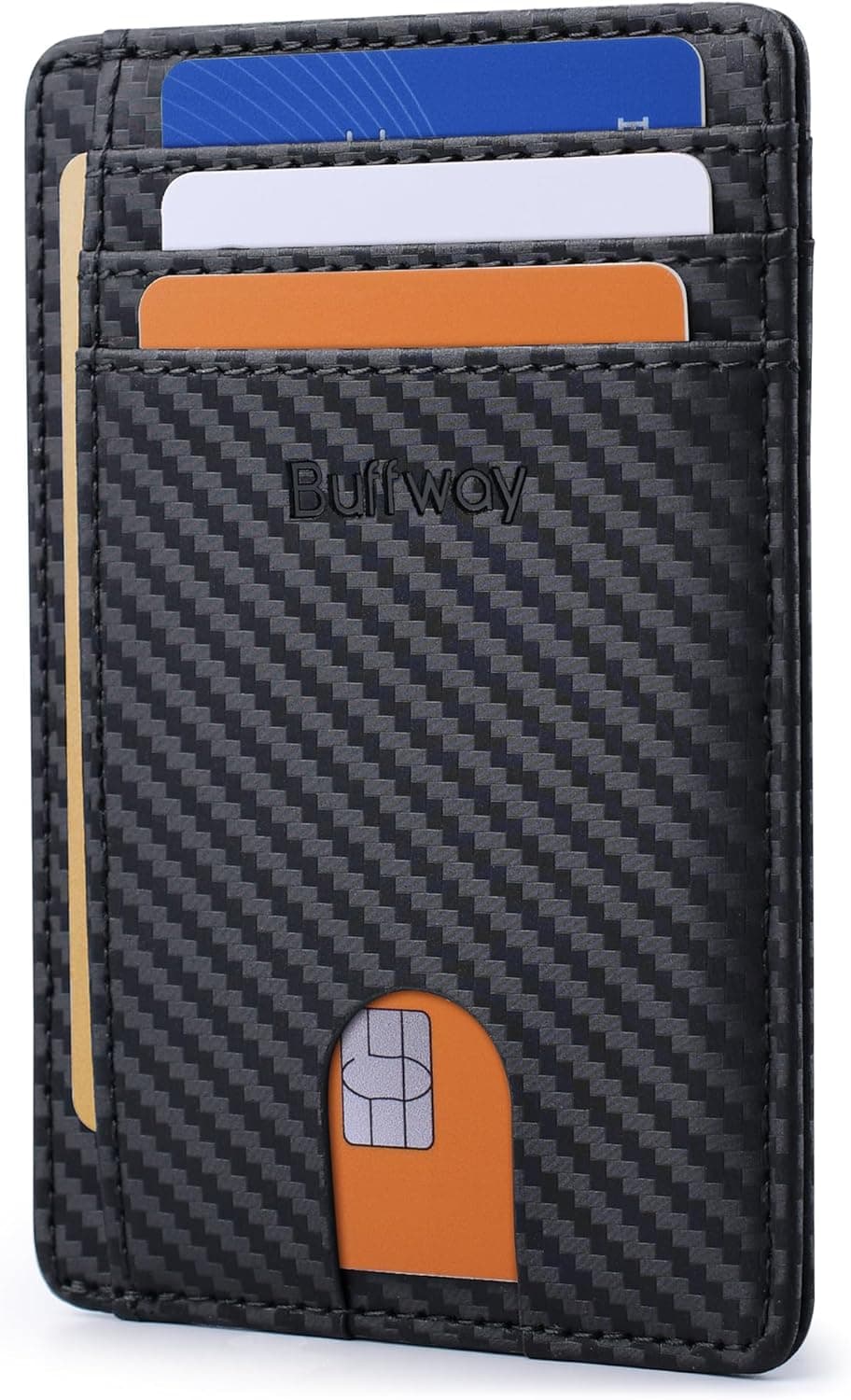 Buffway Slim RFID Blocking Leather Wallet, Carbon Fiber Black